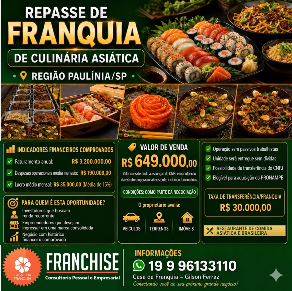 🚨 REPASSE DE FRANQUIA NO SEGMENTO DE COMIDA ASIATICA – Região PAULÍNIA/SP