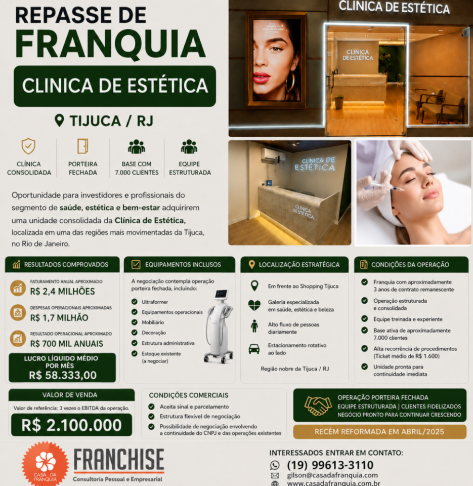 REPASSE DE FRANQUIA DE CLINICA DE ESTÉTICA RENOMADA – TIJUCA/RJ