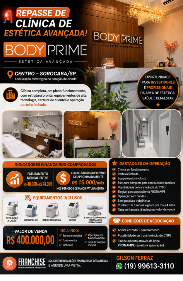 🚨 REPASSE DE CLÍNICA DE ESTÉTICA AVANÇADA BODY PRIME  – SOROCABA/SP