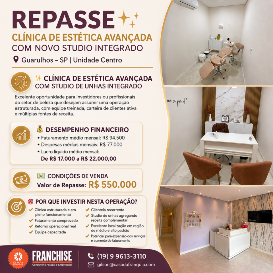 REPASSE ✨ CLÍNICA DE ESTÉTICA AVANÇADA COM NOVO STUDIO INTEGRADO