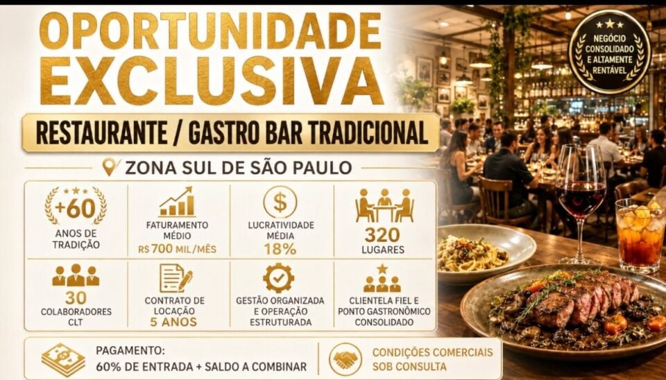 OPORTUNIDADE ÚNICA RESTAURANTE GASTRO BAR TRADICIONAL À VENDA