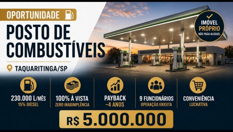 OPORTUNIDADE DE INVESTIMENTO  POSTO DE COMBUSTÍVEIS À VENDA TAQUARITINGA SP