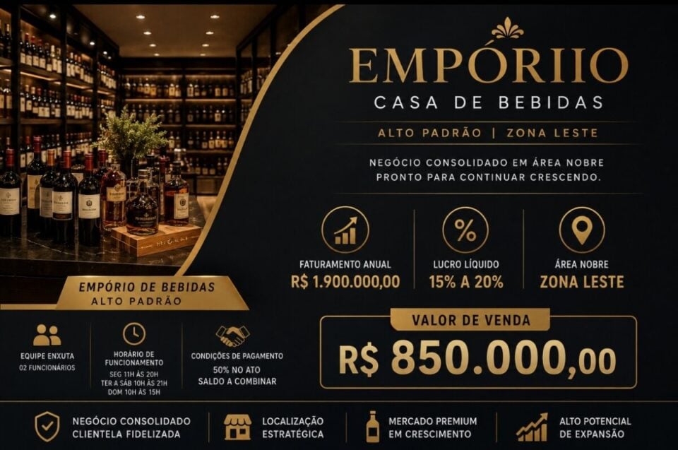 EMPÓRIO DE BEBIDAS PREMIUM À VENDA ZONA LESTE DE SÃO PAULO
