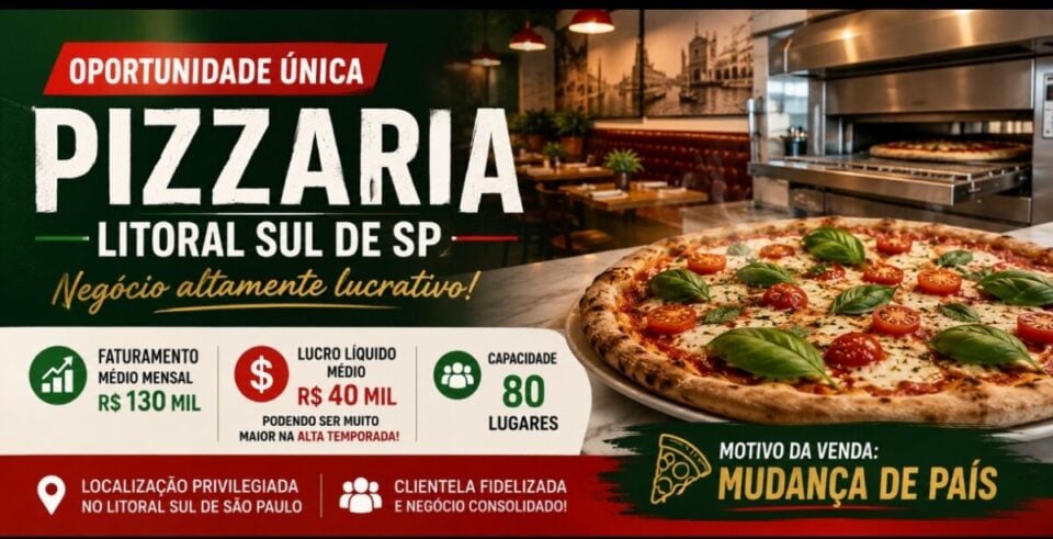 OPORTUNIDADE EXCLUSIVA DE INVESTIMENTO PIZZARIA CONSOLIDADA LITORAL SUL -SP