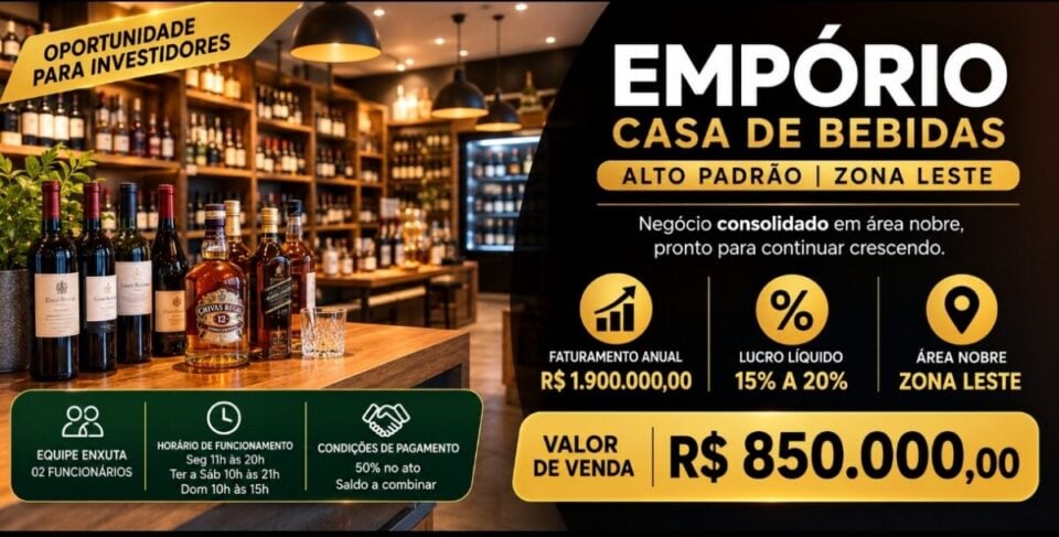 EMPÓRIO DE BEBIDAS PREMIUM À VENDA ZONA LESTE DE SÃO PAULO