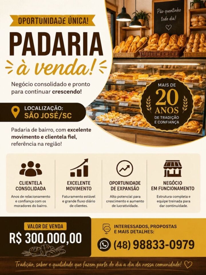 Padaria – OPORTUNIDADE DE NEGÓCIO EM SÃO JOSÉ/SC