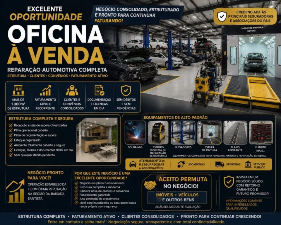 OPORTUNIDADE DE INVESTIMENTO – OFICINA DE REPARAÇÃO AUTOMOTIVA CONSOLIDADA