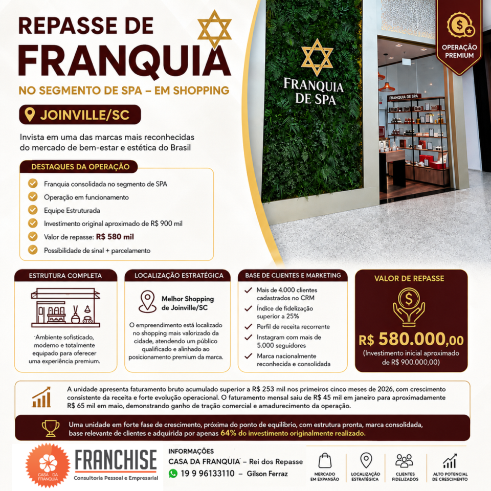 🚨 REPASSE DE FRANQUIA NO SEGMENTO DE SPA – EM SHOPPING  JOINVILLE/SC