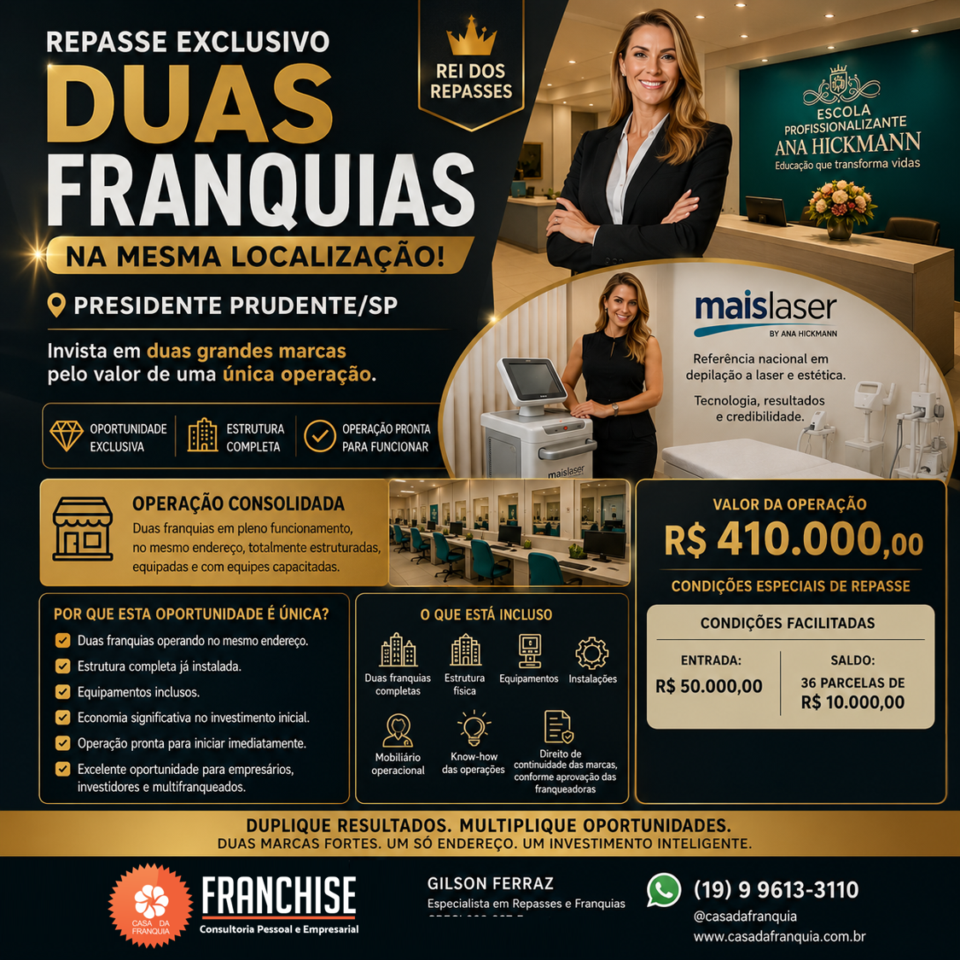 REPASSE DE 02 FRANQUIAS – PRESIDENTE PRUDENTE/SP – BELEZA – SAÚDE E CURSO