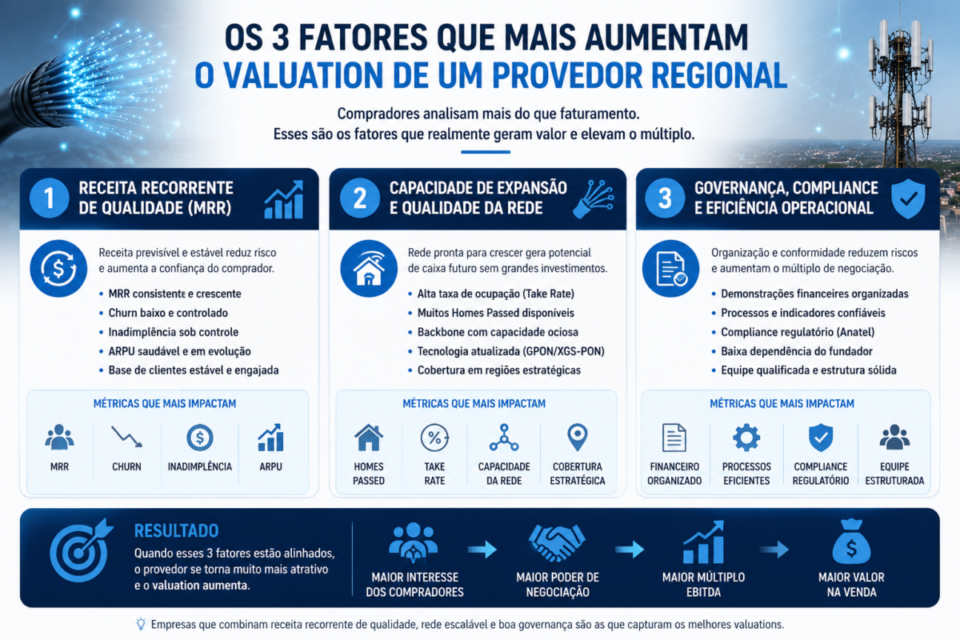 Infográfico mostrando os três fatores que aumentam o valuation de uma empresa de telecom: receita recorrente, infraestrutura escalável e governança regulatória.