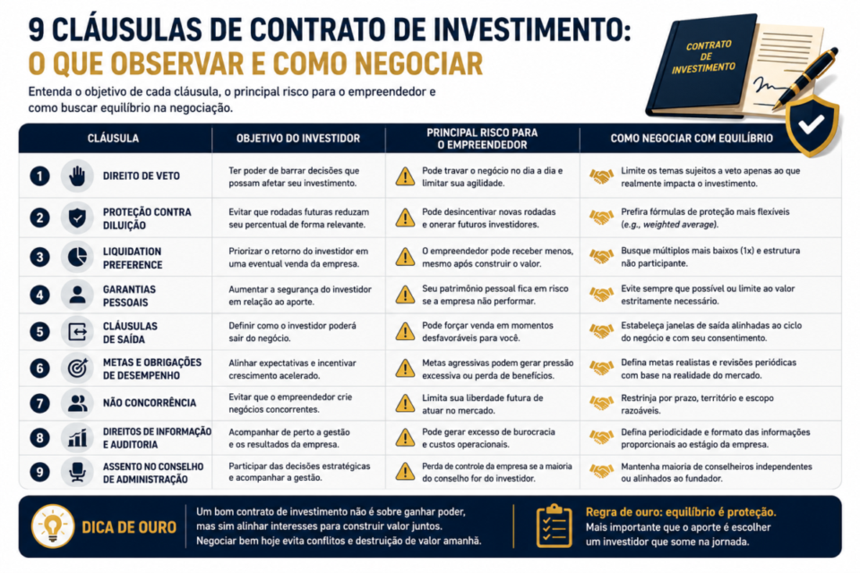 Infográfico mostrando as principais cláusulas de contrato de investimento que o empreendedor deve analisar antes de assinar um aporte.


cláusulas de contrato de investimento a evitar