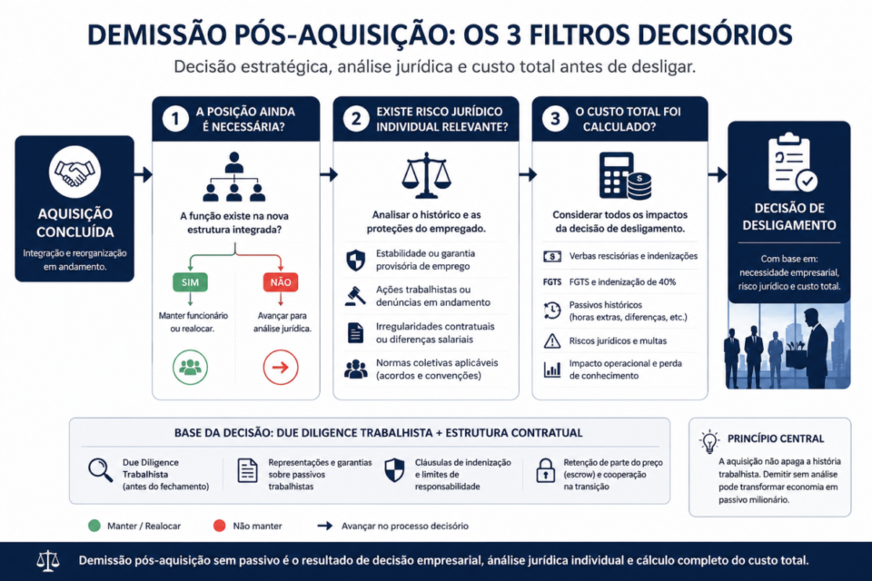 Infográfico mostra os três filtros decisórios para demissão pós-aquisição: necessidade da posição, risco jurídico e custo total