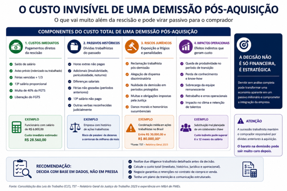 o custo invisível da demissão, mostrando que a rescisão é apenas uma parte do risco total


demissão pós aquisição sem passivo
