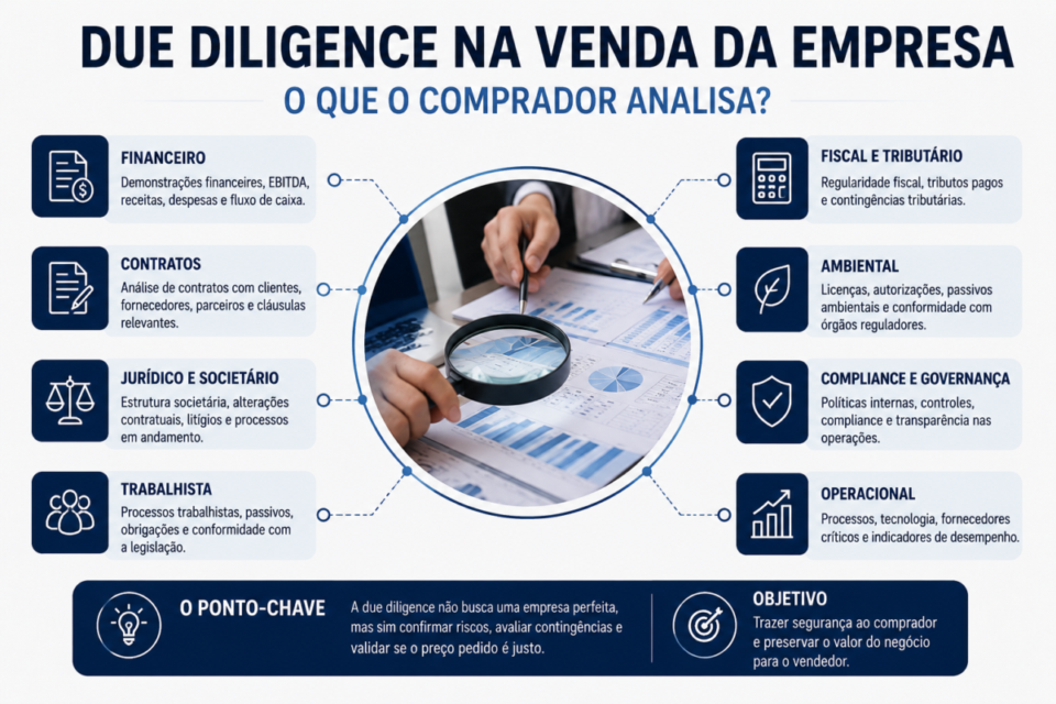 Infográfico mostrando o que o comprador analisa durante a due diligence na venda da empresa, incluindo aspectos financeiros, jurídicos, tributários e operacionais.