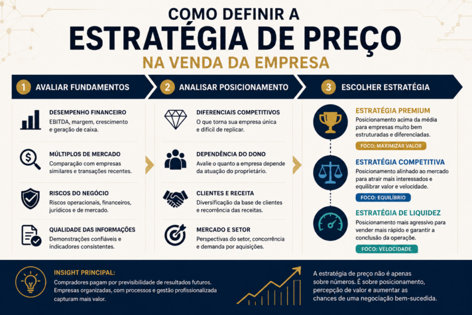 Infográfico mostrando como definir a estratégia de preço na venda da empresa com análise de valuation, posicionamento e objetivos da negociação.