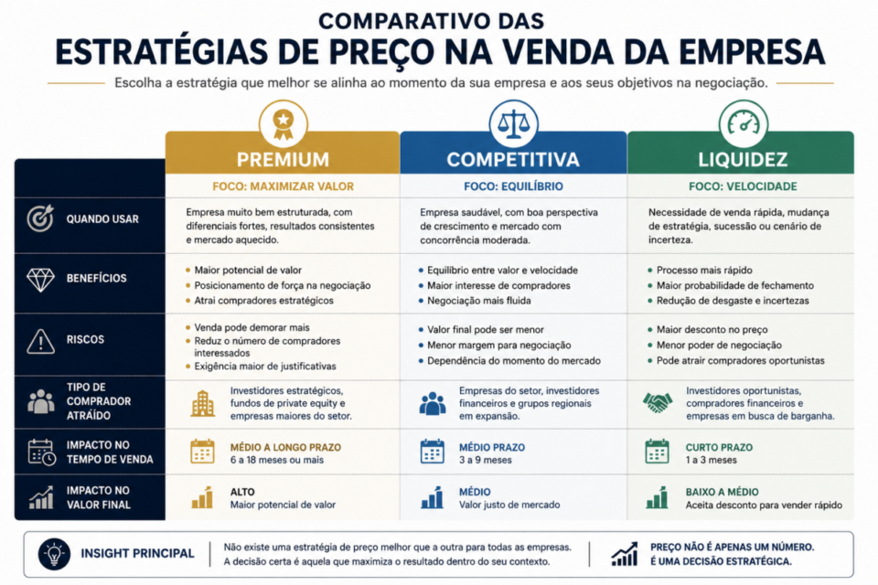 Tabela comparativa das estratégias de preço na venda da empresa mostrando quando utilizar posicionamento Premium, Competitivo ou Liquidez.