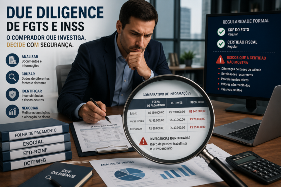 Comprador analisando documentos e identificando possíveis passivos de FGTS e INSS durante a due diligence de uma empresa


erros de fgts e inss na due diligence