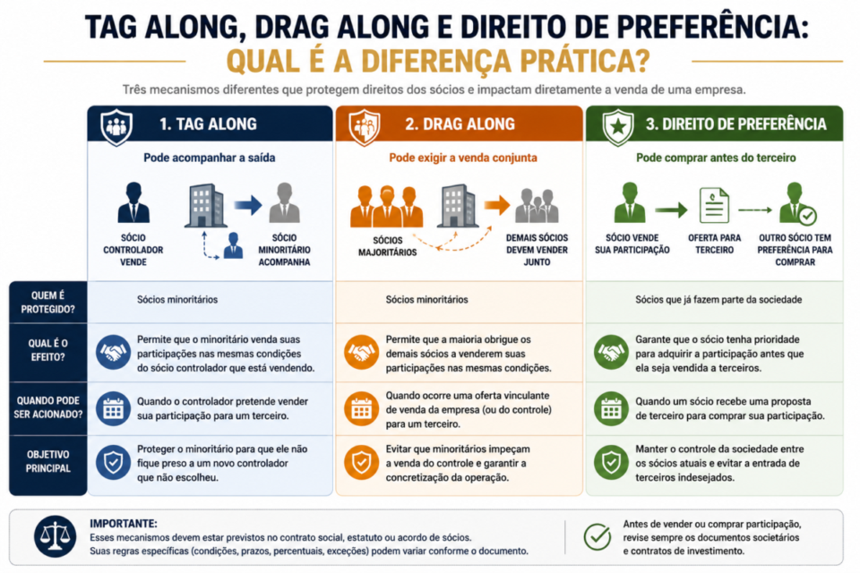 Infográfico comparando tag along, drag along e direito de preferência em operações de venda de empresas.