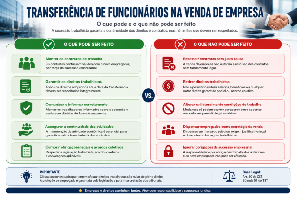 Infográfico mostra o que pode e o que não pode ser feito na transferência de funcionários na venda de empresa