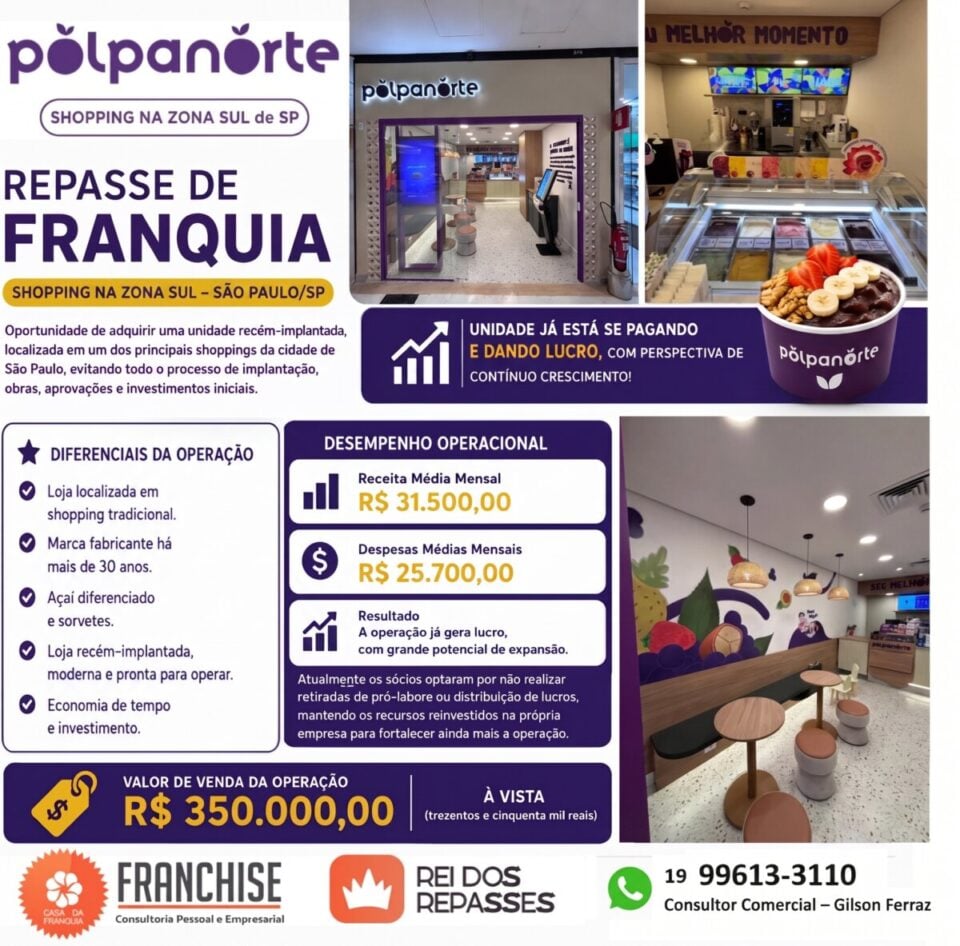 🚨 REPASSE – FRANQUIA POLPANORTE  dentro de SHOPPING na Zona Sul da cidade