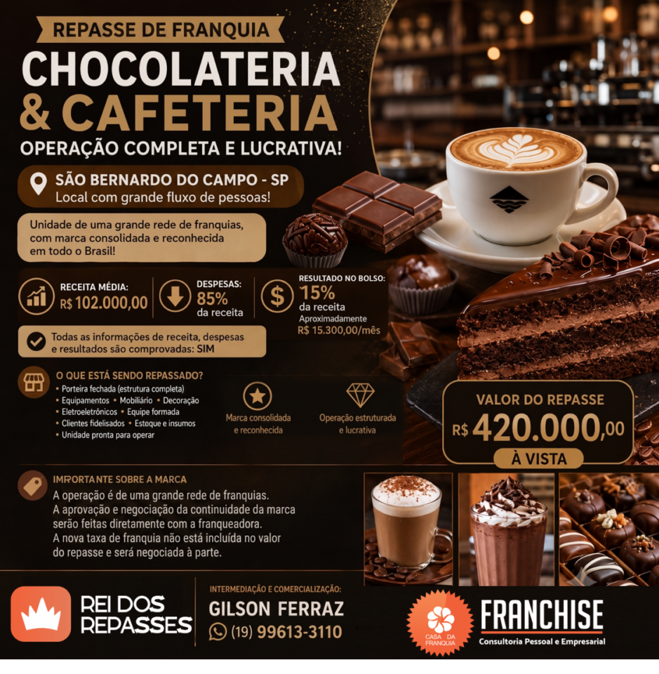🔥 REPASSE DE FRANQUIA — CHOCOLATERIA  CAFETERIA São Bernardo do Campo