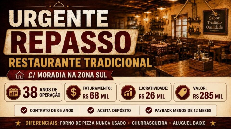 RESTAURANTE À LA CARTE À VENDA – 38 ANOS DE TRADIÇÃO NA ZONA SUL DE SP