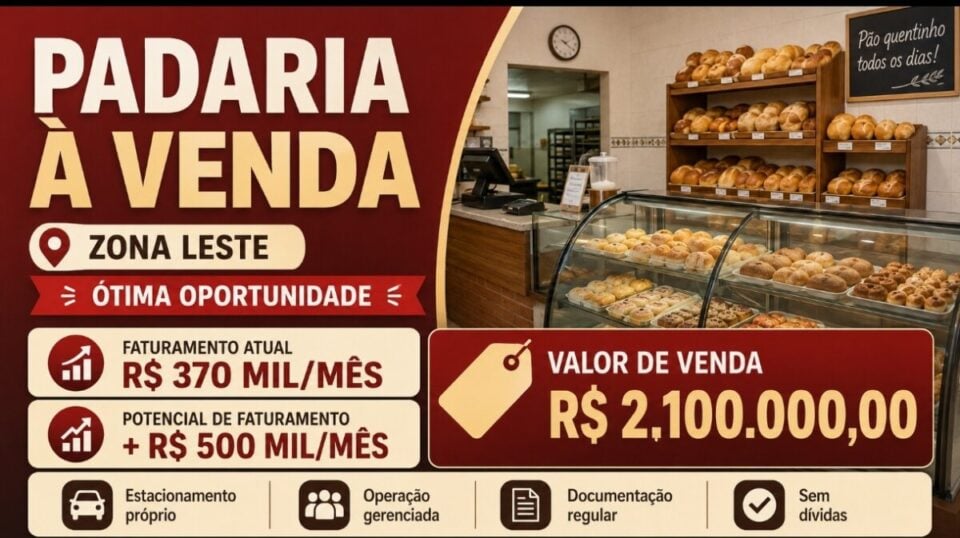 EXCELENTE OPORTUNIDADE – PADARIA À VENDA NA ZONA LESTE