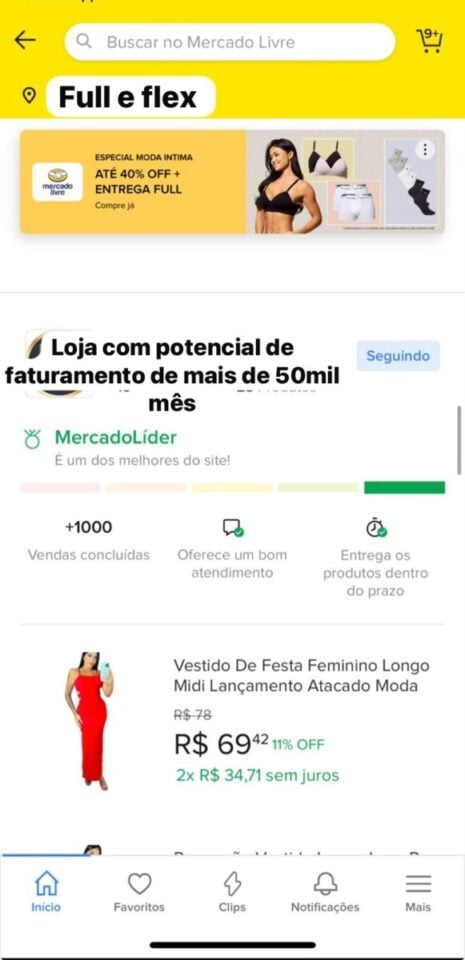 E-comemerce Moda Feminina MERCADO LIVRE FULL/FLEX COLETA Alto faturame