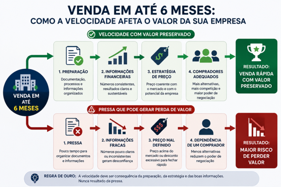 Infográfico mostra como vender uma empresa em até 6 meses sem perder valor
Legenda: A venda rápida pode preservar valor quando existe preparação, informações financeiras consistentes, estratégia de preço e compradores adequados.


vender empresa rápido perde valor