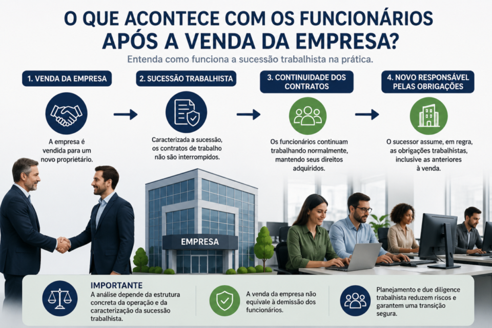O que acontece com meus funcionários após a venda? Infográfico sobre o que acontece com funcionários após venda da empresa e como funciona a sucessão trabalhista