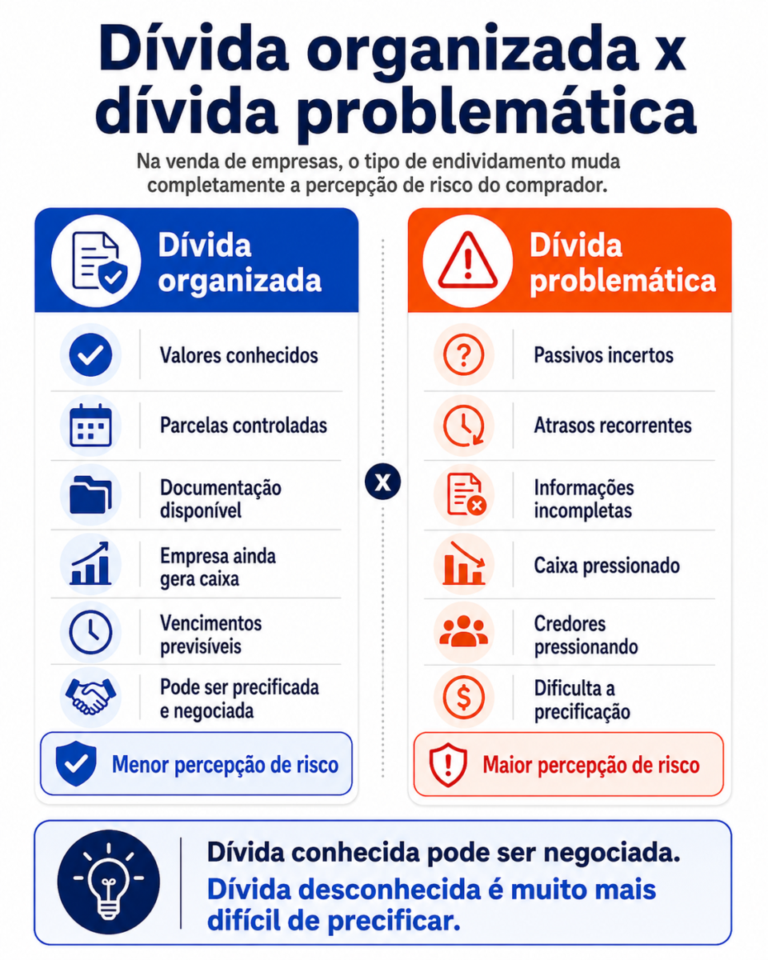 Posso vender minha empresa mesmo estando endividada? Comparativo — “Dívida organizada x dívida problemática”