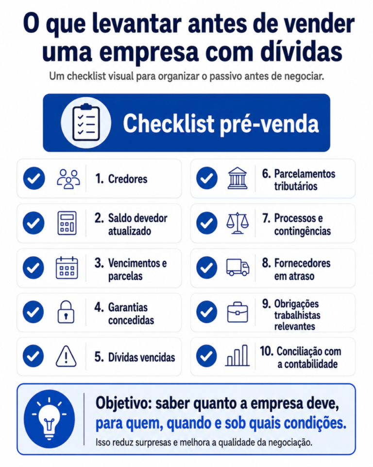 Posso vender minha empresa mesmo estando endividada? Checklist visual — “O que levantar antes de vender uma empresa com dívidas”