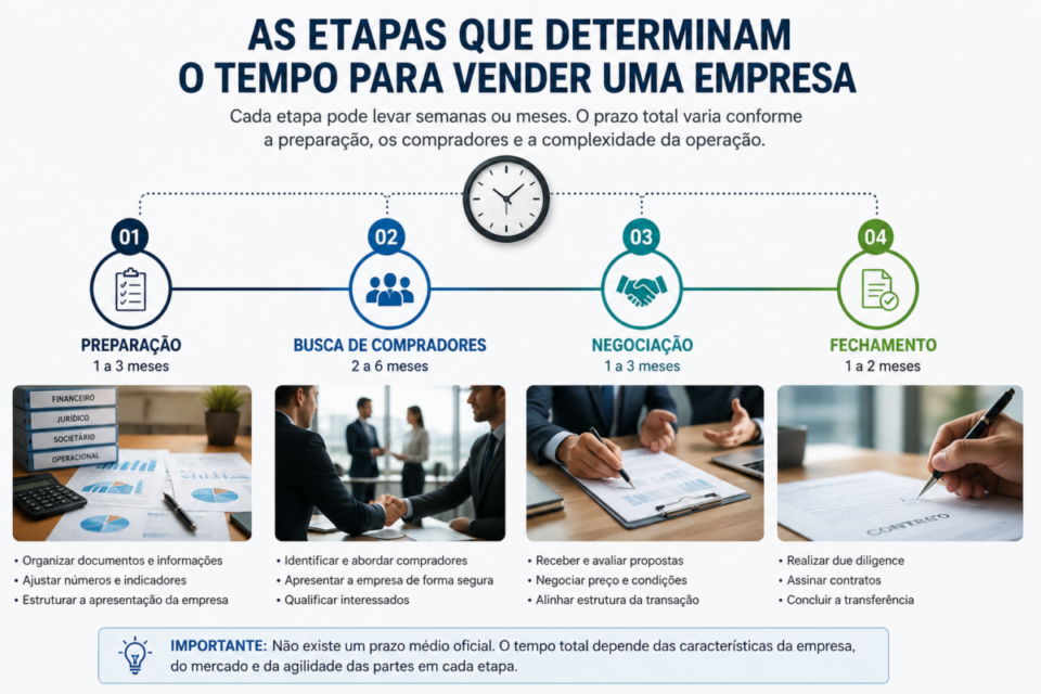 Etapas do processo de venda de uma empresa e fatores que influenciam o tempo da negociação