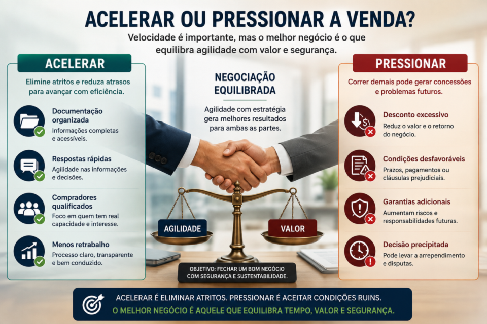 Diferença entre acelerar a venda de uma empresa e pressionar a negociação para fechar rapidamente

quanto tempo realmente demora para vender uma empresa