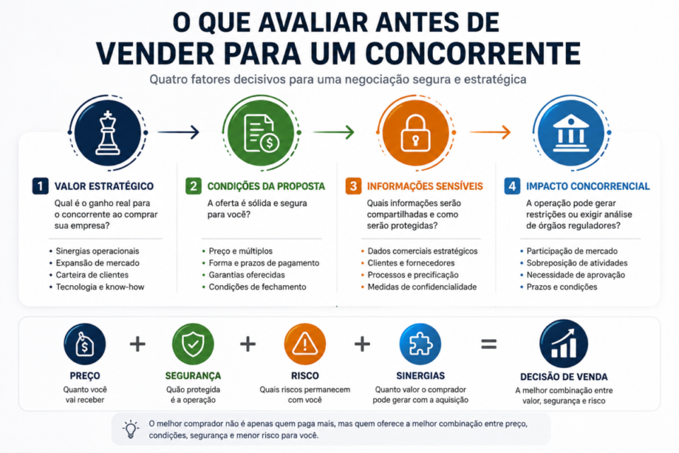 O que avaliar antes de vender empresa para concorrente: valor estratégico, proposta, informações e impacto concorrencial