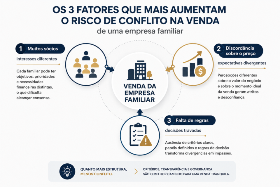 Infográfico com três fatores que aumentam o risco de conflito na venda de uma empresa familiar