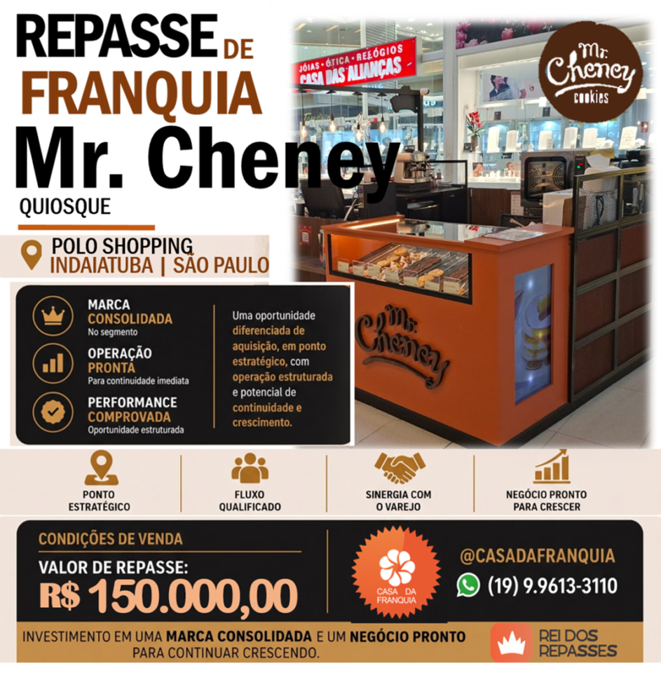 🚀 OPORTUNIDADE ÚNICA Repasse de Franquia Mr Cheney no Polo Shopping Inda