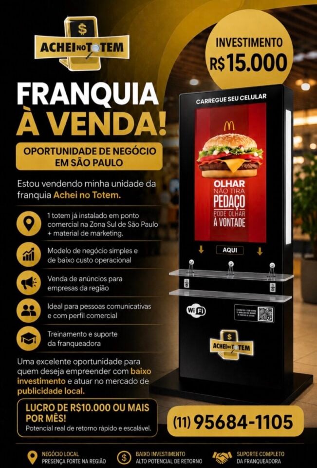 Franquia de Mídia Digital 1 Totem com faturamento de R 10000,00/mês