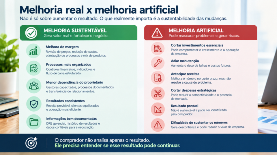 Infográfico compara melhoria sustentável e melhoria artificial ao aumentar o valor da empresa antes da venda