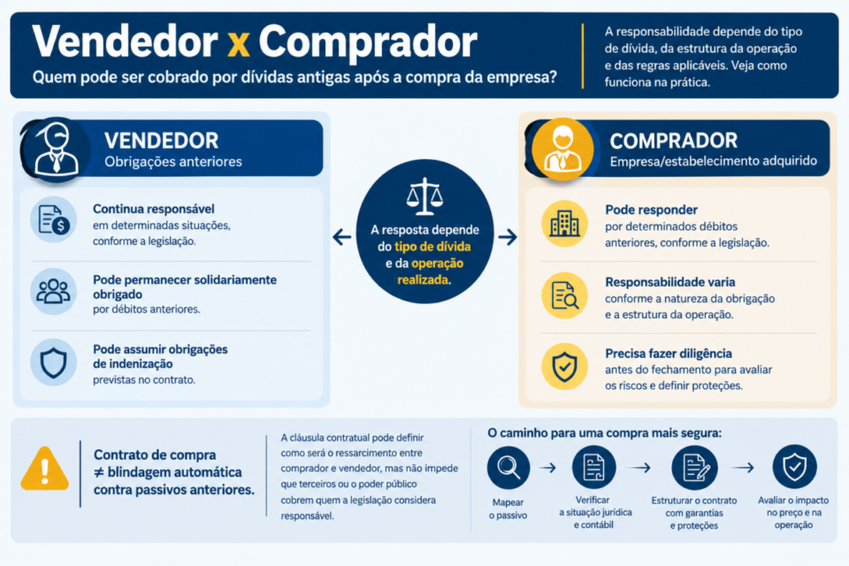 Quem responde pelas dívidas antigas após a compra da empresa? Infográfico compara responsabilidades do vendedor e do comprador por dívidas antigas
quem responde pelas dívidas antigas após compra da empresa