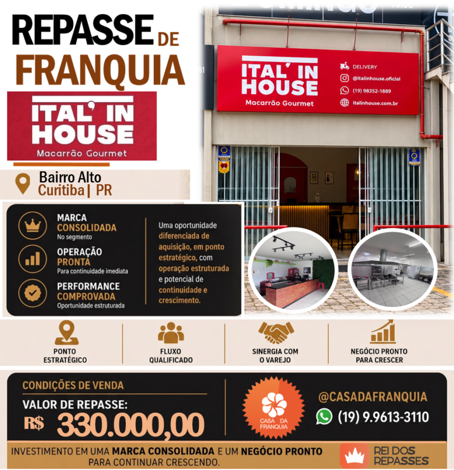 🍝 REPASSE DE FRANQUIA ITAL IN HOUSE – CURITIBA/PR
