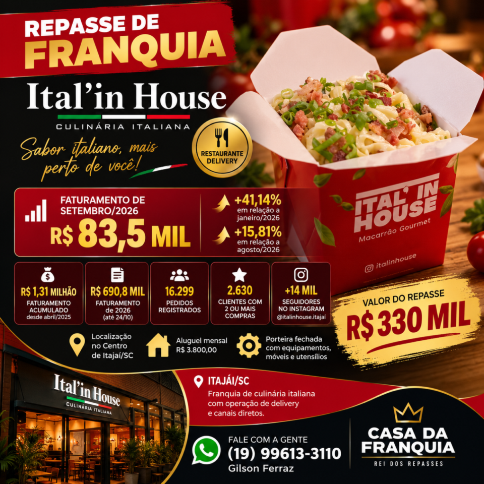 🍝 REPASSE DE FRANQUIA ITAL IN HOUSE – CURITIBA/PR