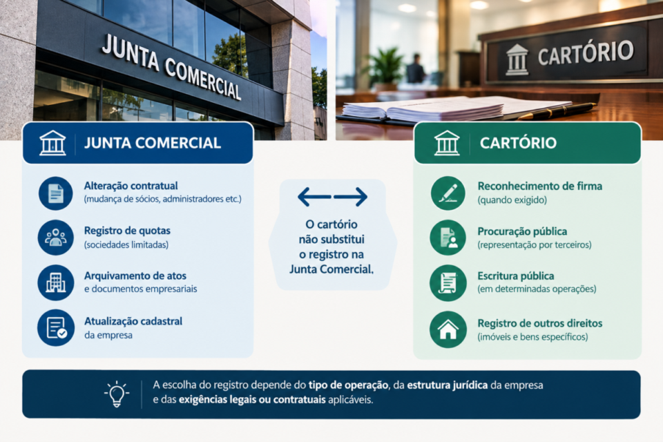 Comparação entre Junta Comercial e cartório, com exemplos de registros societários, reconhecimento de firma e outros atos documentais.