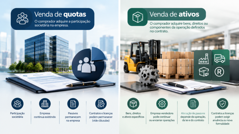 Infográfico comparando a venda de quotas, que transfere participação societária, com a venda de ativos, que transfere bens e direitos definidos.
