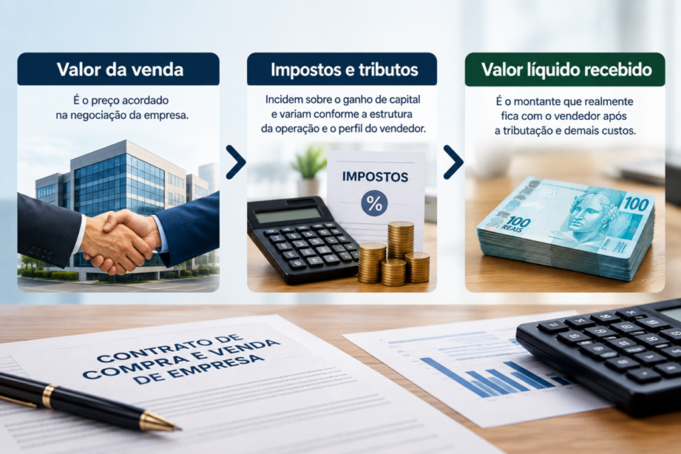 Infográfico mostra a relação entre valor da venda, impostos e valor líquido recebido pelo vendedor